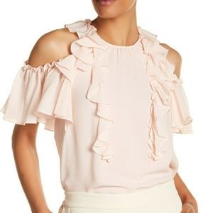 Rebecca Taylor pink open shoulder ruffled silk top